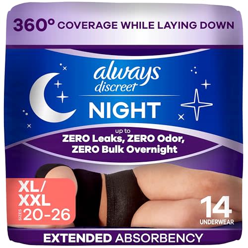 Always Discreet Night, Reimagined Adult Diapers for Women, Extended Overnight Absorbency Incontinence and Postpartum Underwear Size XL/XXL, 360 Degree Coverage While Laying Down, 14 Count