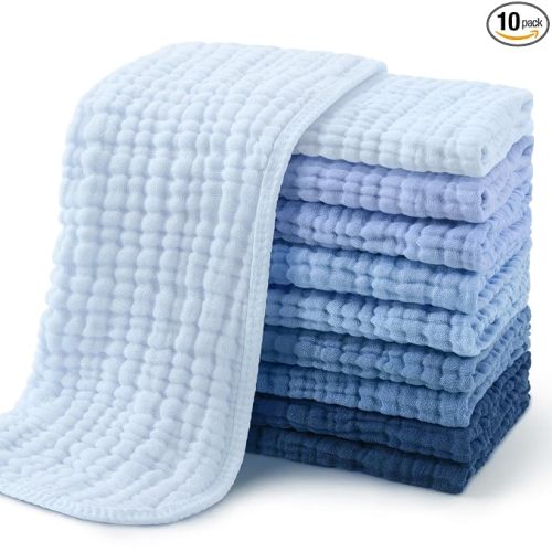 Yoofoss Muslin Burp Cloths for Baby 10 Pack 100% Cotton Baby Washcloths for Boys Girls Large 20''X10'' Super Soft and Absorbent Progressive Blue