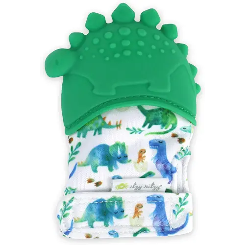 Itzy Ritzy Silicone Teething Mitt - Soothing Infant Teething Mitten w/Adjustable Strap, Crinkle Sound, Textured Silicone, Soothes Sore & Swollen Gums, Baby Teething Toy for 3 Mos & Up, Green Dinosaur