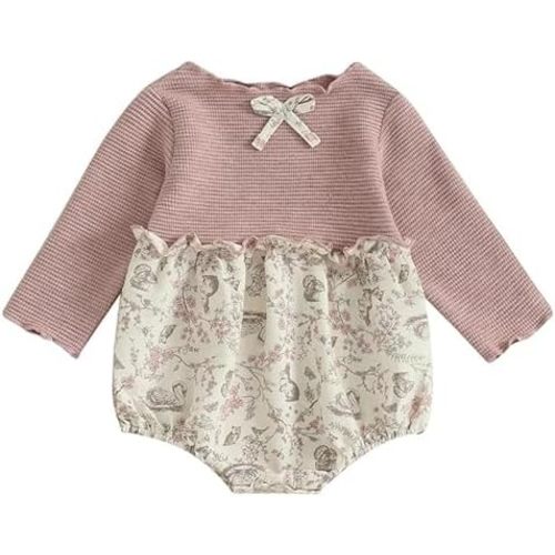 Twinklesweetie Infant Baby Girl Waffle Bubble Romper Bunny Floral Long Sleeve Bodysuit Bow Ruffles Casual Easter Outfit 0-24M