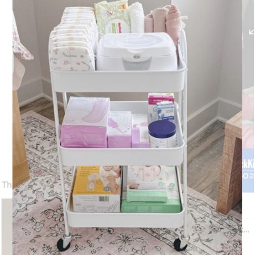 JIUYOTREE 3-Tier Plastic Rolling Storage Cart Utility Cart with Extra Hanging Cups Handles Lockable Wheels for Living Room Bathroom Kitchen Office White