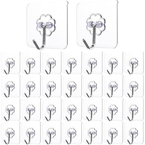 30-Pack Transparent Self Adhesive Wall Hooks