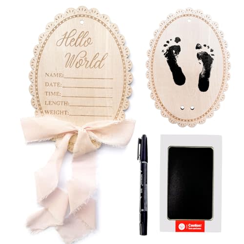Hello World Baby Announcement Sign, Pink Bow Newborn Sign, Wooden Name Sign for hospital, With Ink Pad for Hand and Footprints, Marker Pen, Bow Ribbon Baby Photo Prop & Keepsake