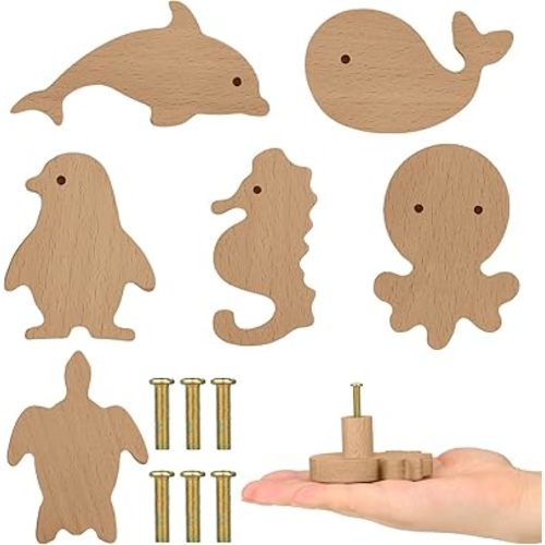 Qunclay Wooden Animal Cabinet Knobs Decorative Wood Dresser Knobs with Screws Dresser Pulls Marine Woodland Natural Wild Animals Pulls Handles Nursery for Home Furniture Decor(Sea Animal,6 Sets)