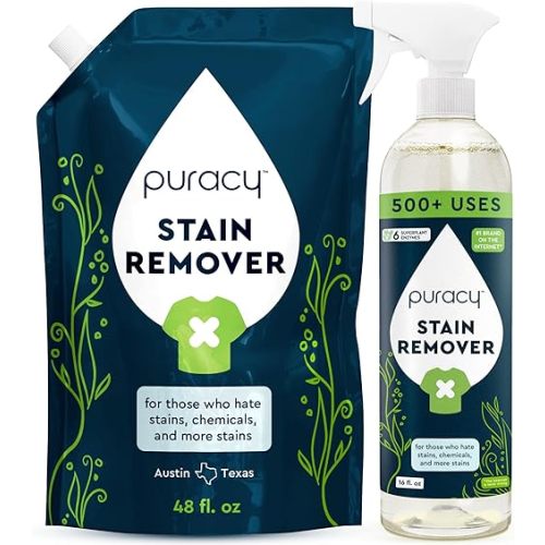 Puracy Stain Remover, Natural Based Travel and Laundry Stain Cleaner for Clothes, Baby Essentials, Kids Stains, Oil and Fabric Spot Cleaner, Unscented (Stain Remover Spray and Refill, 64 fl oz)