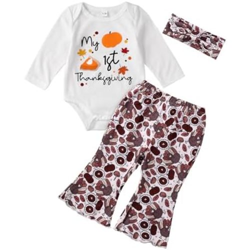 My First Thanksgiving Baby Girl Outfit Newborn Turkey Romper Bell Bottom Pants Headband Pumpkin Halloween Outfits Set