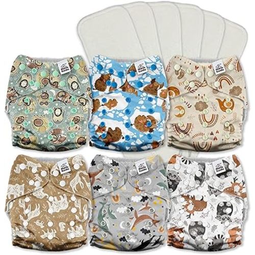 Mama Koala 3.0 Cloth Diapers for Babies with AWJ Lining, 6 Pack with 6 5-Layer Natural Cloth Diaper Inserts - Reusable and Washable Pocket Diapers(A-Animals' Love)