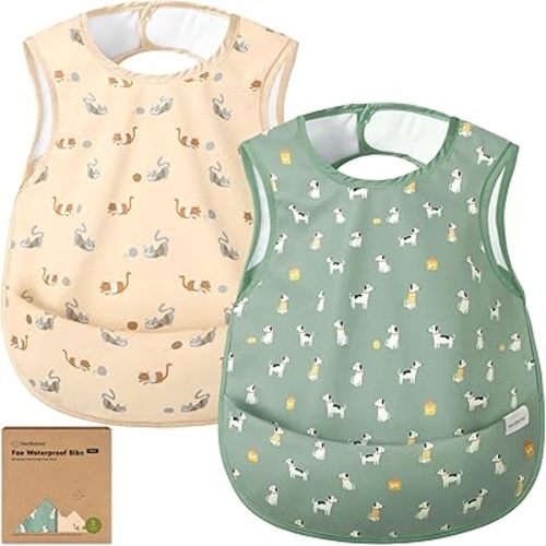 KeaBabies Waterproof Bibs for Baby Girl,Boy – 2-Pack Lightweight, Large Baby Bibs for Eating, Wearable Food Catcher, 6-12 Months Infant Feeding Essentials, Smock for Toddlers 1-3, Kids (Pets & Paws)