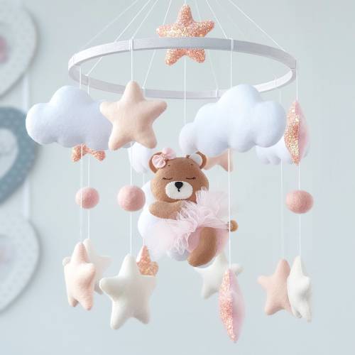 Mobile for girl with teddy bear, gliter stars, clouds, nursery decor girl, hanging crib mobile,gifts for new moms, felt mobile girl.