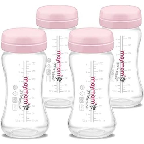 Maymom Wide-Mouth Milk Storage Collection Bottle with Travel Cap n Sealing Ring; Compatible with Avent Natural Avent Classic Bottles, Motif Luna Bottles, Ameda Mya Bottle, Spectra Bottle; Pink 4PC
