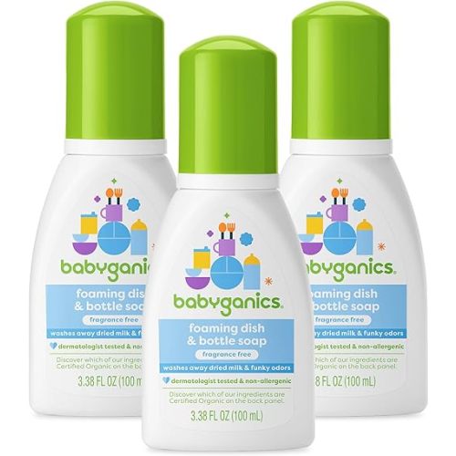 Babyganics Foaming Dish & Bottle Soap for Travel, Fragrance Free, Plant-Derived Cleaning Power, Removes Dried Milk, Packaging May Vary, 3.38 Fl Oz (Pack of 3)