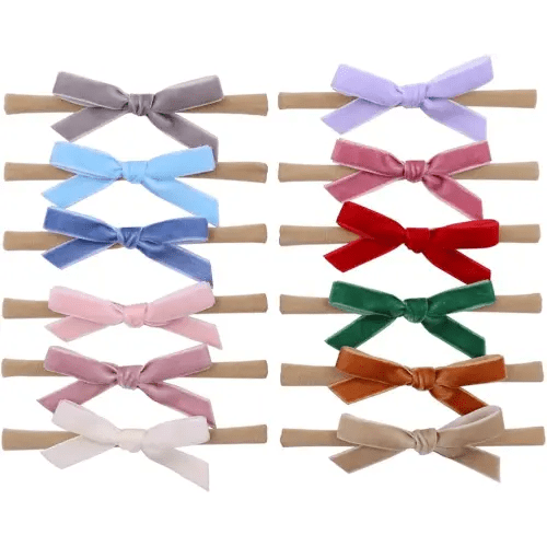 Pack of 12 Velvet Bow Headband for Newborn Baby Toddler Girl Soft Nylon Hairbands Elastic Hair Bands (Tiny bow 2.7 inch 12 pcs)