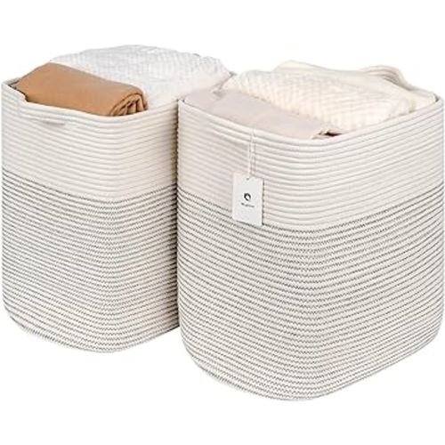 Extra Blanket,Storage Baskets for Clothes Fabric Cotton Rope Storage Basket with Handles, Decorative Woven Basket for Living Room,Laundry Basket Closet Organizer Blankets, and Toys 2bags