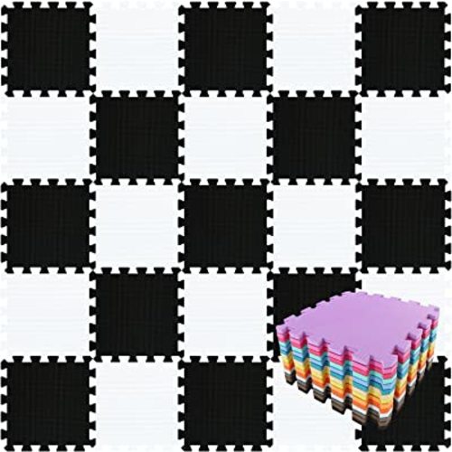 qqpp EVA Rubber 18 Tiles Interlocking Puzzle Foam Floor Mats - Baby Play Mat for Playing | Exercise Mat for Home Workout. White, Black. QC-ADb18N
