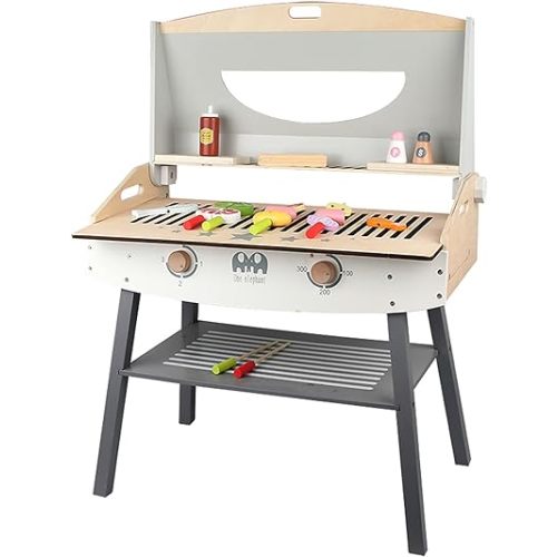 Wooden Pretend Barbecue Grill Play Set, Play Kitchen Set Cooking Gift for Girls and Boys - Best for 3 4 5 Year Old Kids