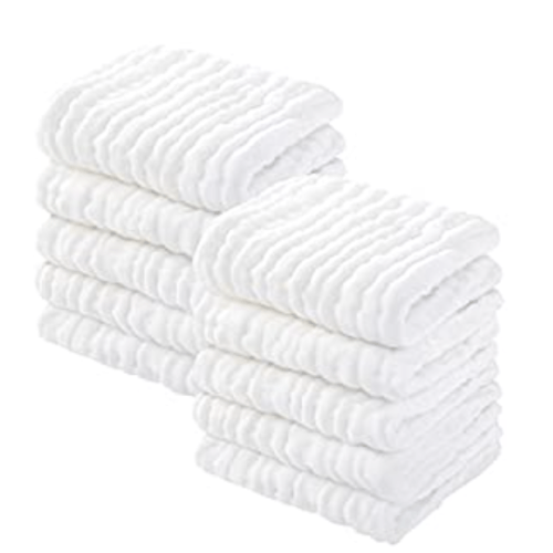 Baby Muslin Washcloths Soft Cotton Face Towels 10 Pack Wash Cloths for Baby Absorbent Baby Wipes 12x12 Inches (White) Baby Registry Shower Gift