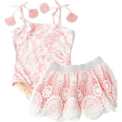 Seaside Toile One-Piece Swimsuit & Skirt Set, 6-12M