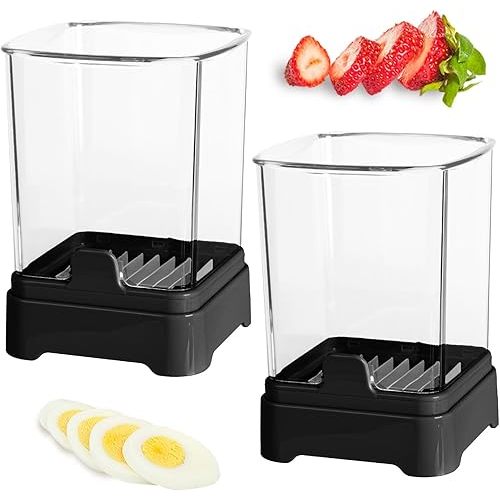 2 Pack Fruit Slicer Cup - Strawberry, Banana, Grape Cutter, Egg Slicer for Hard Boiled Eggs - Removable Blades & Food Push Plate - Rapid & Safe Slicing Kitchen Gadgets for Easy Food Prep (Black)