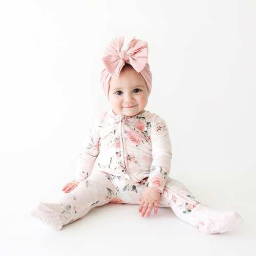 Vintage Pink Rose Footie Ruffled Zippered One Piece