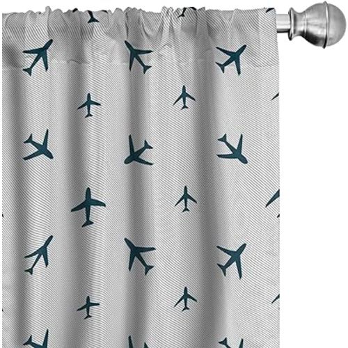Ambesonne Airplane Window Curtains Pack of 2, Diagonal Stripes Travel Silhouettes Vacation Aviation, Lightweight Set with Rod Pocket, 4 Panels of - 28" x 84",Petrol Blue