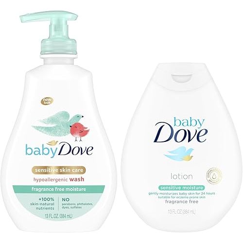 Dove Baby Sensitive Skin Care Bundle – Hypoallergenic Wash & Baby Lotion, Fragrance Free Moisture, Baby Gift Set, 13 Oz Ea (2 Piece Set)