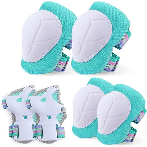 FIODAY Knee Pads for Kids Knee and Elbow Pads Wrist Guards Adjustable Protective Gear Set for Girls Boys Inline Skating Biking Skateboard Scooter Knee Pads,Aqua Green,3-8 Years