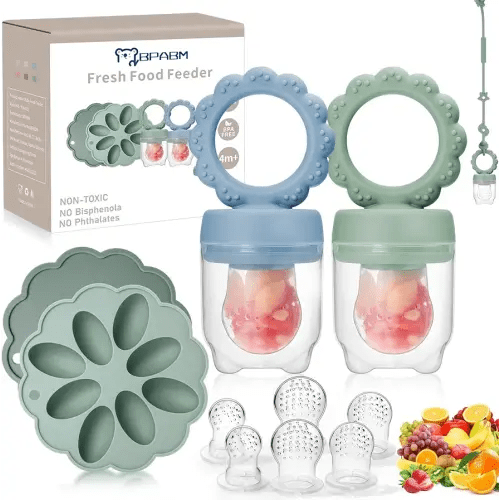 Baby Fruit Food Feeder,2 Pack Silicone Baby Teething Toys,Includes Breastmilk Popsicles Molds,Toy Straps,6 Different Size Food Pacifier,Baby Food Containers for Toddler Teething,Infant Self Feeding