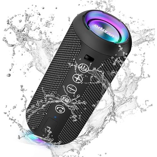Ortizan Portable Bluetooth Speaker: IPX7 Waterproof, 24W Loud Sound, Deep Bass, Bluetooth 5.3, LED Lights, Wireless Stereo Pairing, 30H Playtime, for Home/Outdoor/Party/Beach, Birthday Gift (Black)