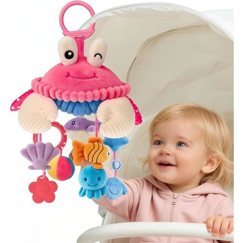 Car Seat Toys for Babies 0-6 Months, Hanging Sensory Crab Plush Toy for Stroller, Crib & Play Gym, Montessori Infant Activity Toy with Mirror, Rattle & Teether, Newborn Baby Gifts 0-12 Months (Pink)