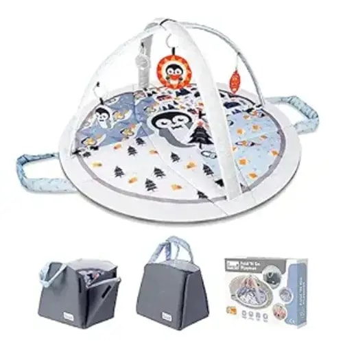 Baby Play Mat Tummy Time Mat with Exclusive Foldable Design, Stage-Based Skill Development Activity Gym Mat, Machine Washable Play Mat for Baby Girl with Gift Package - Blue
