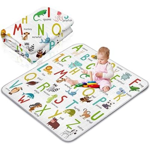 Funtery 43 x 43 Inch Boho Rainbow Baby Play Mat Portable Crawling Washable Foldable Tummy Time Non Slip Baby Floor Large Playpen Mat for Infants Toddlers Floor Playpen Activity(Letter Theme)