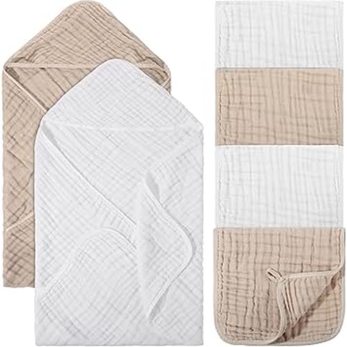 6 Pcs Baby Muslin Hooded Bath Towels and Washcloths, 32 x 32 Inch Muslin Cotton Hooded Baby Towels Absorbent Hooded Blankets Newborn Infant(White, Beige)