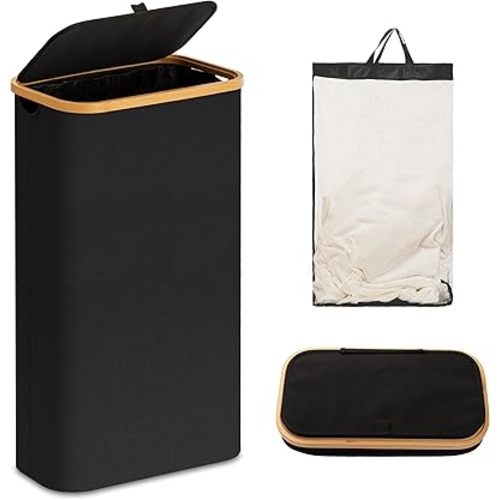 UBBCARE Laundry Hamper with Lid, 60L Slim Laundry Hamper with Removable Bag, Collapsible Dirty Clothes Basket for Bedroom, Bathroom, Laundry Room, Dorm, Black