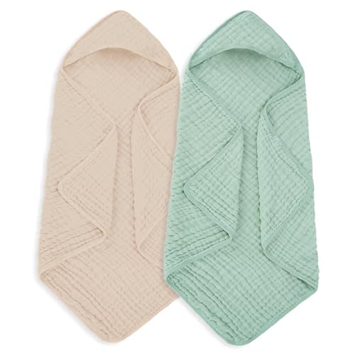 MIGIOL Muslin Hooded Baby Towels 100% Cotton ，Super Soft Muslin Baby Bath Towel - 32 x 32 Inches, Suitable for Newborn and Young Children up to 3 Years Old. (Beige & Green)