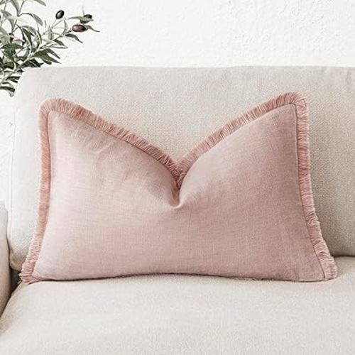 Foindtower Decorative Linen Fringe Lumbar Throw Pillow Covers Cozy Boho Farmhouse Cushion Cover with Tassel Soft Accent Pillowcase for Sofa Bed Living Room Home Decor, 12×20 Inch, 1PC,Light Pink