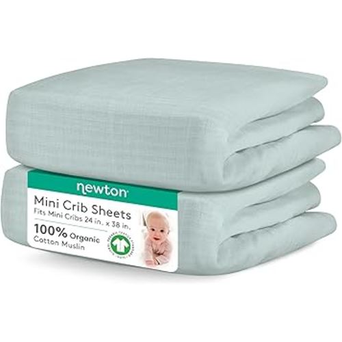 Newton Baby MINI CRIB Fitted Sheets (2-Pack) | Organic Muslin Cotton, 100% Breathable & Soft Baby Sheets, Machine Washable Baby Mattress Sheets, Fits Any Mini Sized Crib 24" x 38", Sage