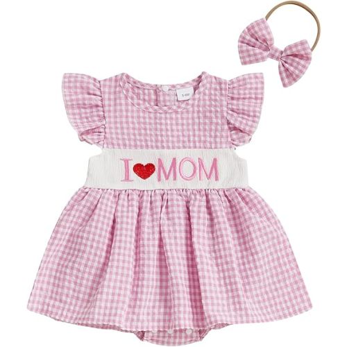 Baby Girl Summer Clothes Fly Sleeve Romper Dress I Love Dad Embroidery Smocked Dress+Headband Fathers Day Outfit