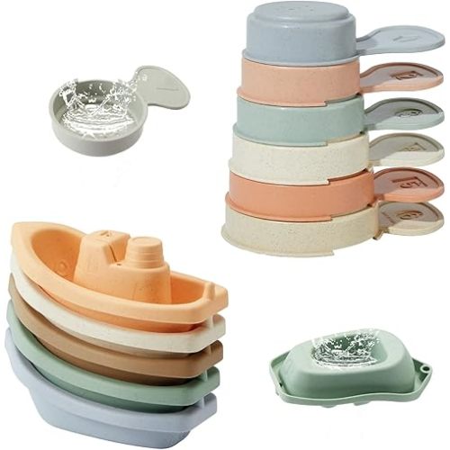 Mold-Free Bath Toys for Toddlers 1-3& Babies 6-12 Months|11PCS Stackable Boats, Numbered Spoons Non-Toxic Bathtub Toys for Water Table, Pool Play