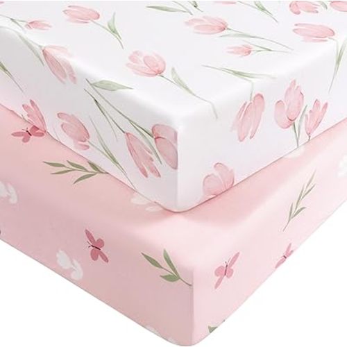 Baby Crib Sheets Girl, Fitted Crib Sheets 52" x 28", Soft Breathable Microfiber Sheets for Standard Crib and Toddler Mattress, 2-Pack Pink Tulips