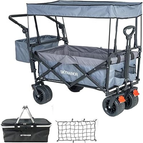 3-in-1 Collapsible Wagon with Removable Canopy Cooler bag All-Terrain Wheels Folding Beach Wagon 4 Brake 300LBS Heavy Duty Garden Cart for Camping Shopping (Light&Dark Gray Splicing)