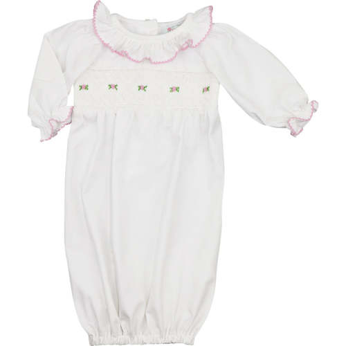 White Knit Smocked Rosette Baby Gown