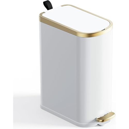 CEROELDA Slim Bathroom Trash Can with Lid Soft Close, 10 Liter/2.6 Gallon Stainless Steel Small Garbage Can, Step Pedal, Slim Metal Wastebasket for Toilet, Office, Bedroom (D-White)