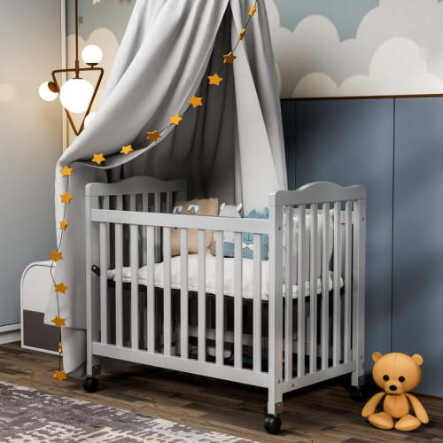 Fizzy Baby Mini Crib, Small Crib with 3-Position Mattress Board, Gray