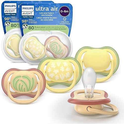 Philips Avent Ultra Air Pacifiers - Orthodontic Design, for Babies 0-6 Months, Soft Silicone Symmetrical Nipple, BPA-Free, 2 Sterilizing Cases, 4 Pack, SCF087/21