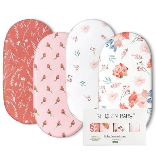 Gllquen Baby Bassinet Sheets 4 Pack, Breathable Cozy Fitted Mattress Sheet, Elastic Travel Crib Fashionable Floral Pattern, Standard Cradle Safe Sheets for Baby Boy Girls 32"X16" (Flower)