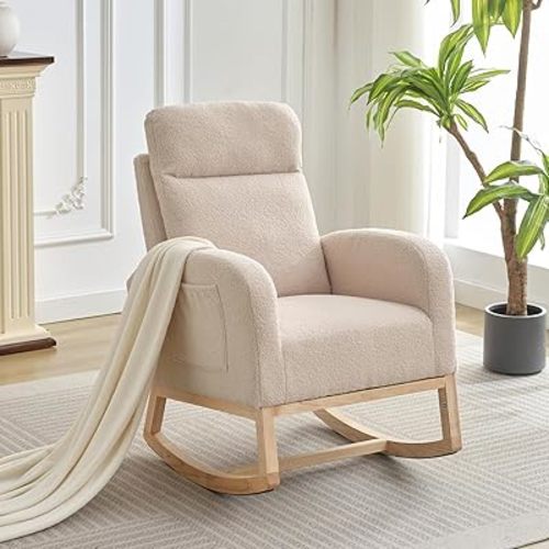 Rocking Chair Nursery, Modern Upholstered Glider Rocker with Side Pocket, High Backrest Padded Seat Accent Armchair for Living Room, Nursery, Bedroom