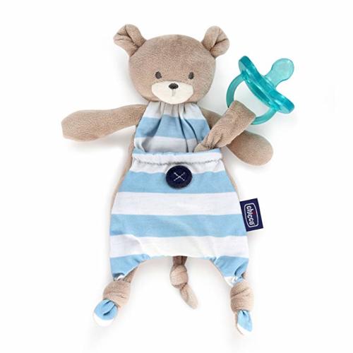 Chicco Pocket Buddies Soft Pacifier Holder-Lovey, Soothing Plush Toy Animal 0M+, Blue Bear