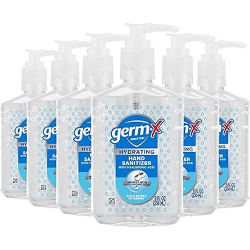 Germ-X Hand Sanitizer, Hydrating with Hyaluronic Acid, 8 Fl Oz Pump (Pack of 6), Instant & No Rinse Formula, Sanitizing Liquid Gel for All Skin Types, Formulated without Parabens, Phthalates & Dyes