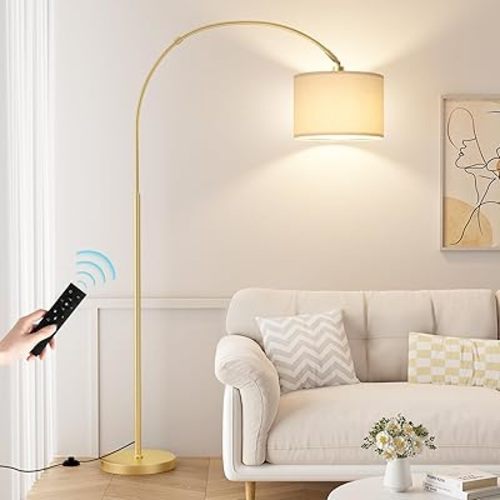 Ambimall 70" Dimmable Arc Floor Lamp with Remote, Color Temperatures and Brightness Adjustable, Arched Floor Lamp with Rotating Head, Over Couch Arched Reading Light for Living Room (Beige and Gold)