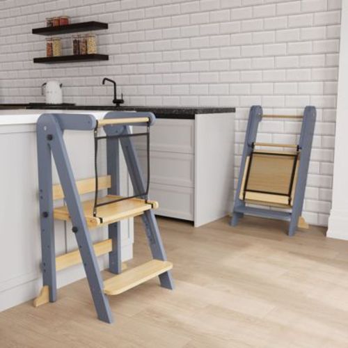 HOMLUX Foldable Toddler Kitchen Step Stool, 3 Adjustable Height Learning Tower with Safety Net for Kids Ages 1–6, Grey